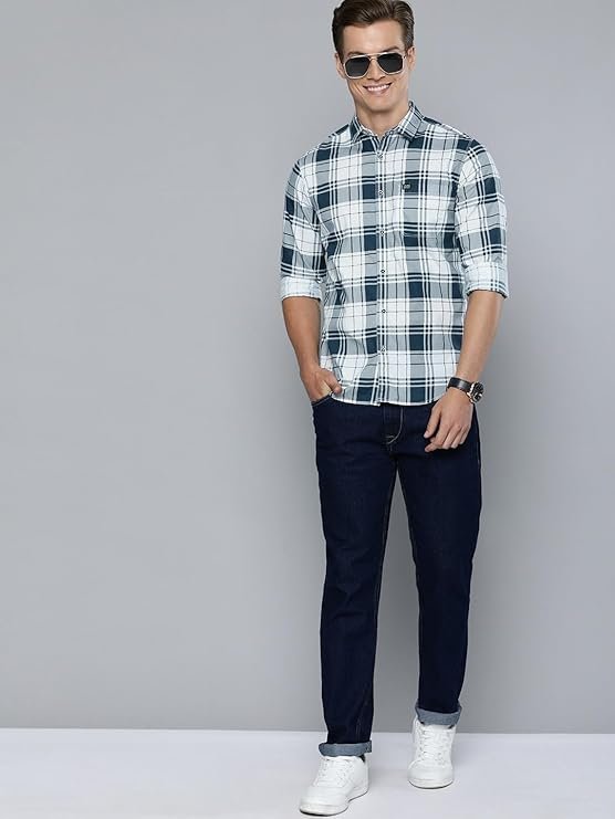 Men's Cotton Slim Fit Checkered Full Sleeves Cutaway Collar Casual Shirt - Image 2