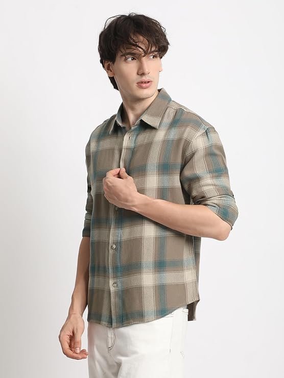 Men's Brown Checked Relaxed Fit Cotton Casual Shirt - Image 5