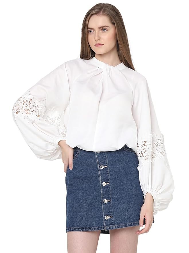 Tie-Up Neck Puff Sleeves Gathered Lace Detail Top