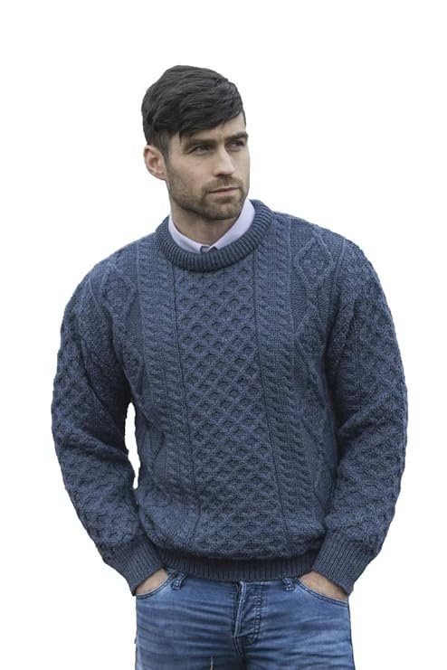 Men Irish Soft Cable Knitted Crew Neck Sweater (100% Pure New Wool)