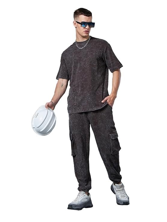 Men's Self Design Oversized Fit Half Sleeve Round Neck Terry Acid Wash Co-Ordinates T-Shirt