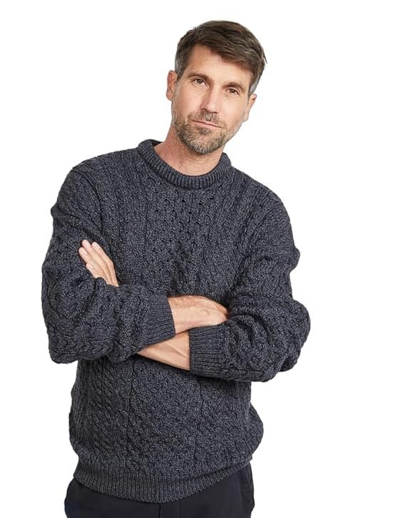 Men Merino Wool Traditional Crew Neck Aran Sweater by Carraig Donn