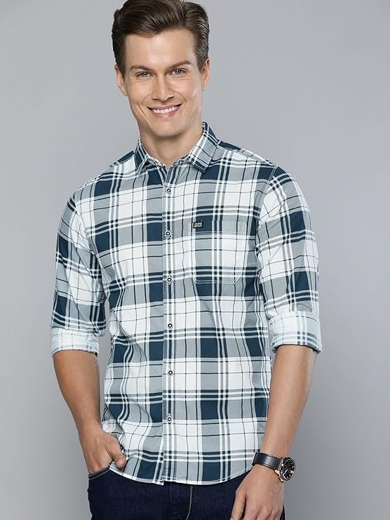 Men's Cotton Slim Fit Checkered Full Sleeves Cutaway Collar Casual Shirt - Image 3