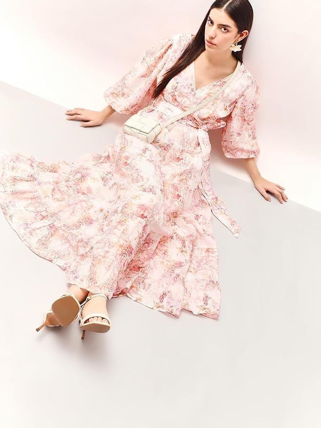Floral Print Bishop Sleeve Layered Fit & Flare Maxi Dress