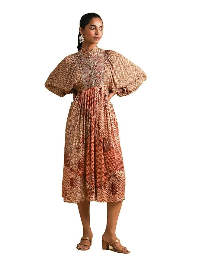 Rust Micro Print Embroidered Dress
