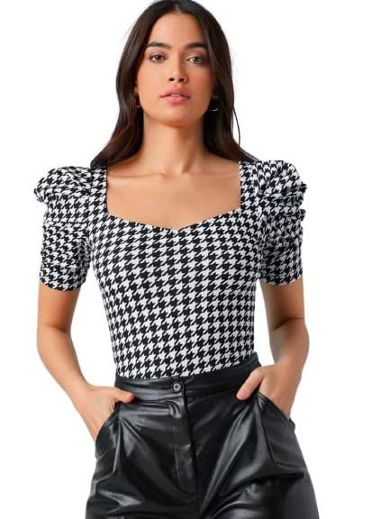 Fashion Women's Sweet Heart Neck Balloon/Puff Bishop Sleeve Elegant Casual Tee Top, 23" inches (BZF-Top Mantos-01)